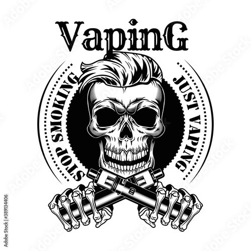 Vaping skull vector illustration. Trendy hipster bearded character with nicotine free cigarettes, stamp and stop smoking text. Retail concept for vape bar or store label, poster or emblem template