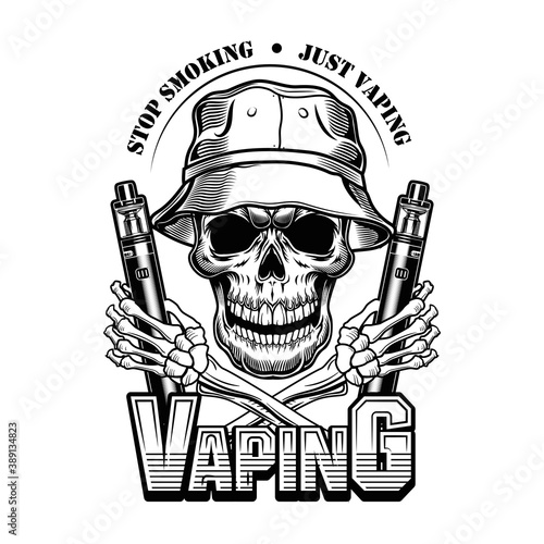 Vaping skull in panama vector illustration. Trendy character in hat with electronic cigarettes, stop smoking text. Retail concept for vape bar or store label, poster or emblem template