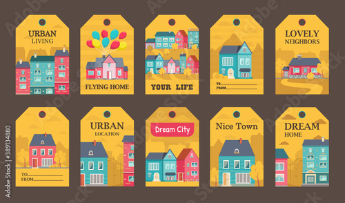 Colorful tags design for urban lifestyle ads vector illustration. Stickers with town elements, houses and text. Buildings and architecture concept. Template for promotion, advertising label or badge