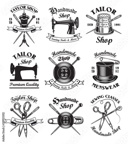 Tailor shop emblem templates set. Vector illustrations of sewing machines, needles, thimbles, pins and scissors. Craft concept for handmade shop or sewing classes emblem design