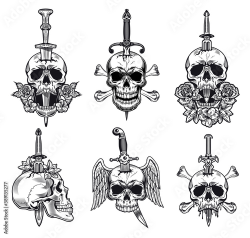 Black and white knife through skull vector illustration set. Monochrome dead head with dagger inside isolated on white background. Design elements for tattoo concept can be used for retro template