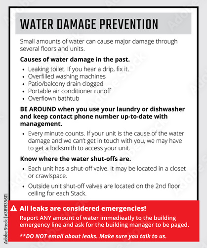 How to prevent water damage. Information poster or document to educate residents and owners of a strata or residential building. Building management tool to reduce insurance claims. Vector.