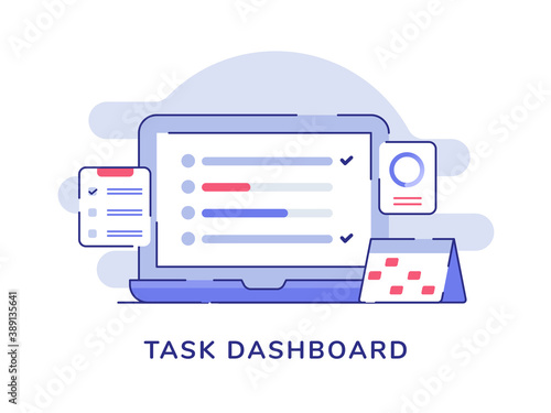 Task dashboard concept check list on display laptop monitor calendar clipboard white isolated background with flat color outline style