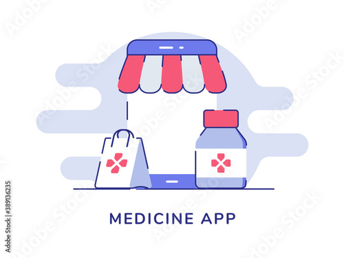 Medicine app concept drug store pharmacy service on smartphone white isolated background with flat color outline style