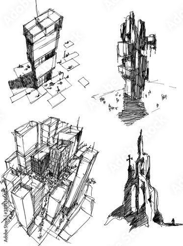 four hand drawn architectectural sketches of a modern abstract architecture and generic city urbanism structure and fantastic buildings