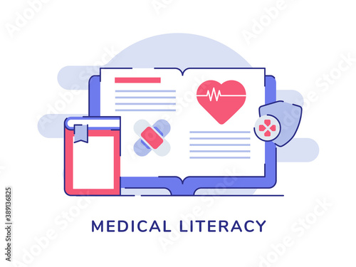 Medical literacy concept open book heartbeat bandage image on page white isolated background with flat color outline style
