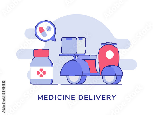 Medicine delivery concept pharmacy drug box delivery on scooter white isolated background with flat color outline style