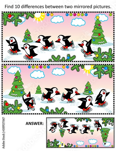 Winter, Christmas, or New Year picture puzzle: Find ten differences between two mirrored pictures of joyful skating penguins. Answer included.
