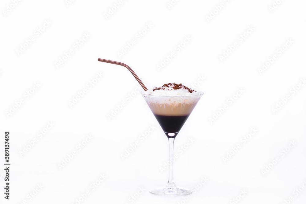 cocktail glass with a delicious capuccino with straw cocktail glass with a delicious capuccino with straw