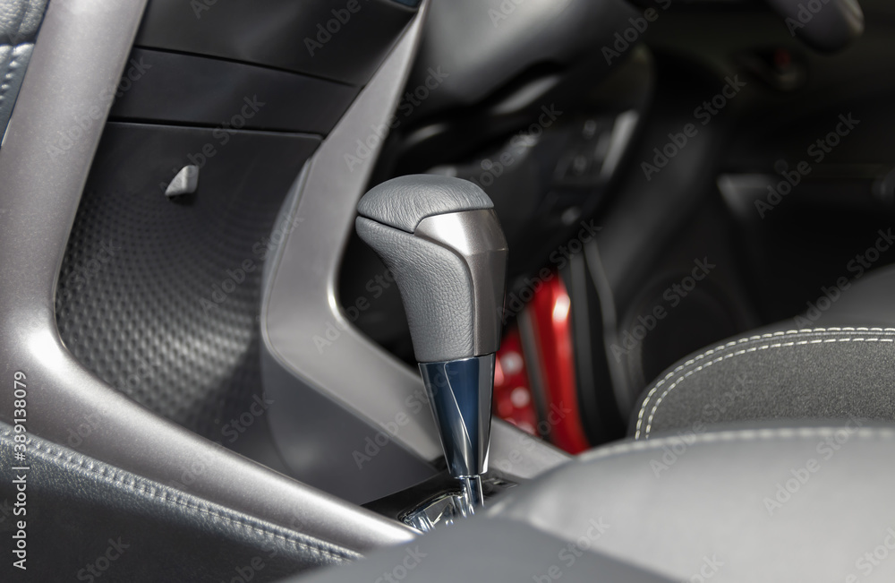 Gray Automatic Gear Handle in Car Interior on Center Frame Gray Automatic Gear Handle in Car Interior on Center Frame