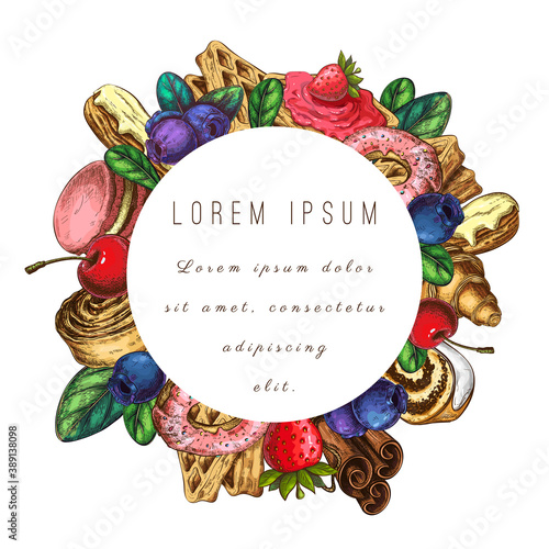 bakery, pastry label, logo isolated. round badge, sticker template for bakery or pastry goods, for packaging design. Vintage style, hand drawn vector illustration. bakehouse, shop banner, emblem