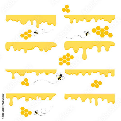 The flow of honey from the honeycomb with bees and different liquid flow.vector illustration and icon