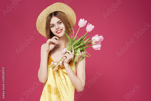 Cheerful woman bouquet flowers holiday gift lifestyle