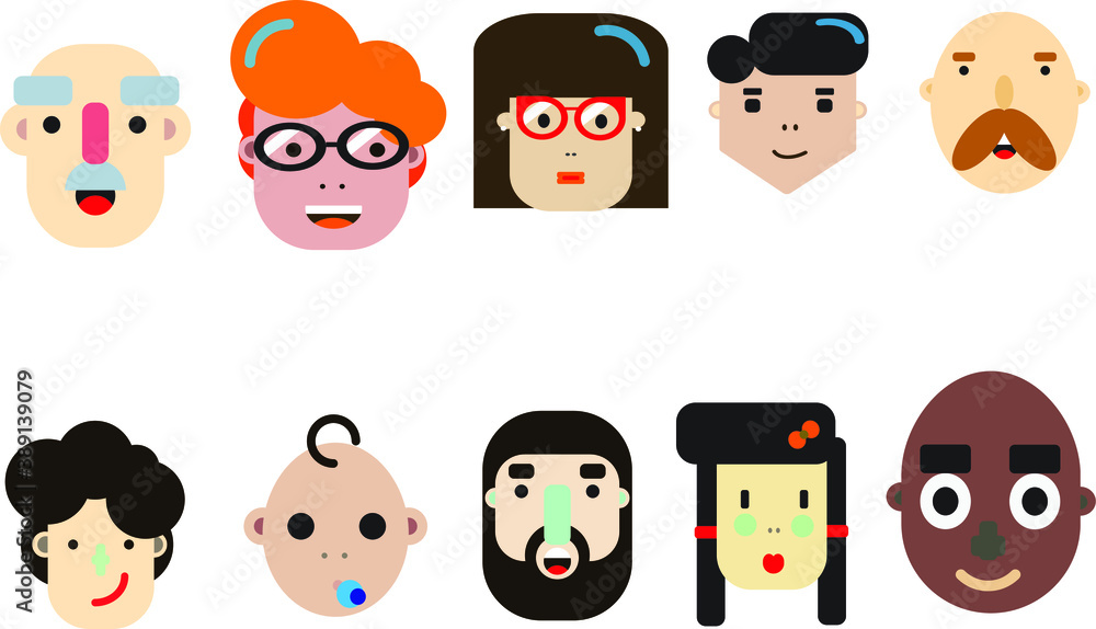 Set of human faces, Vector flat design illustrations isolated on white background. Set of human faces, Vector flat design illustrations isolated on white background.