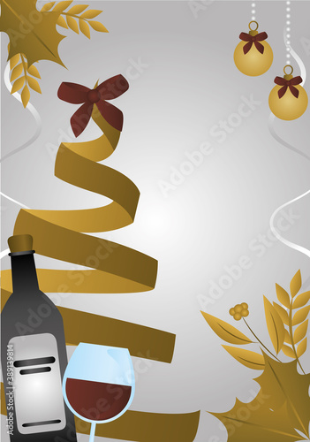 merry christmas, golden tree shaped ribbon leaves wine bottle and cup