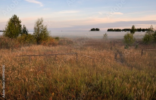 Fog over a field road and dry grass in the early September morning.