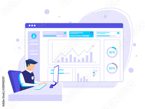 Men give presentations to big screens online. digital concepts, remote work, and business communications. flat vector illustration.