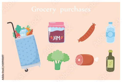 grocery purchases cart with food include jam broccoli water and more
