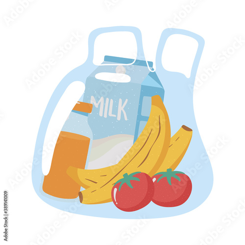 plastic bag with banana tomato juice and milk grocery purchases