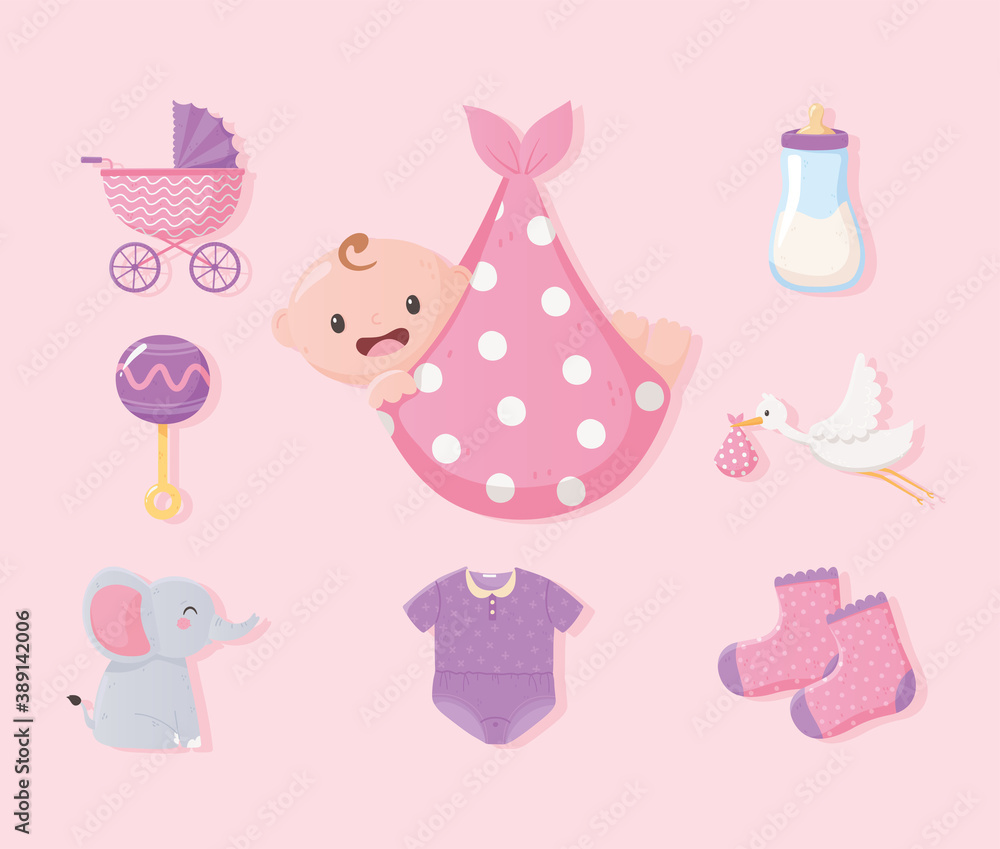 baby shower, baby in blanket, clothes bottle milk elephant and rattle icons baby shower, baby in blanket, clothes bottle milk elephant and rattle icons