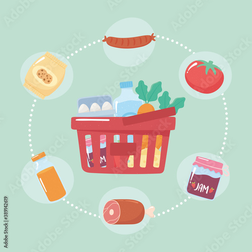 plastic basket full products market, grocery purchases