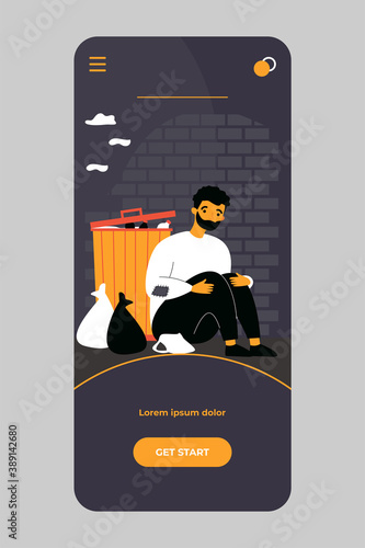 Homeless poor man sitting at street near box isolated flat vector illustration. Cartoon desperate, dirty and hungry person near trash. Charity and need concept