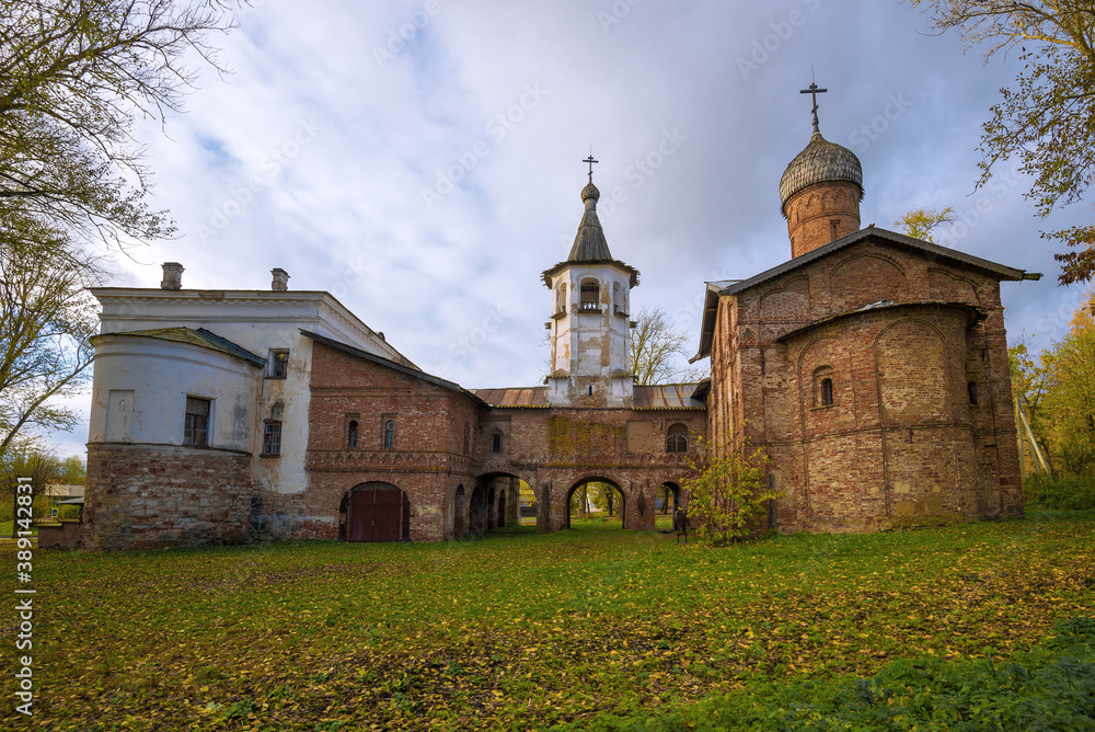 Double old church of Michael the Archangel and the Annunciation on a October day. Veliky Novgorod, Russia