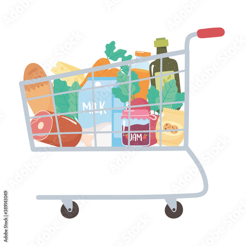 shop cart with bread meat milk jam carrot and more, grocery purchases