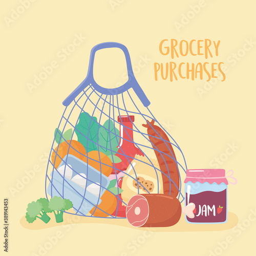 full cloth string bag of food, grocery purchases