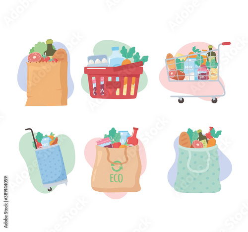 grocery purchases, set icons with basket, cart, bags with food