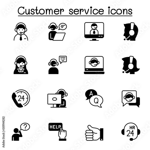 Set of Customer service related vector icons. contains such Icons as support, call center, headset, operator, solve problem, helping and more.