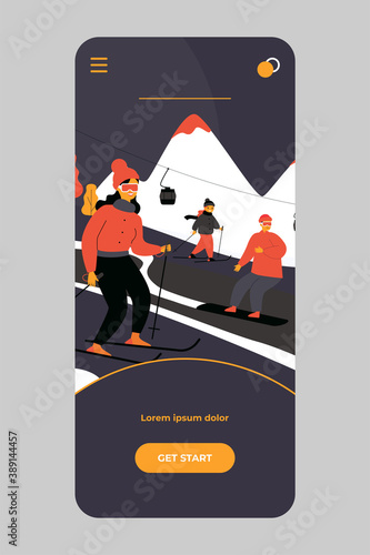 Happy people with kids skiing and snowboarding past elevator in mountains. Tourists enjoying vacation at ski resort. Vector illustration for winter sport activity concept