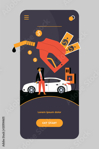 Drivers spending too much money for gasoline. Price of car fuel going up, people riding bike. Vector illustration for economy, finance, budget, car driving concept