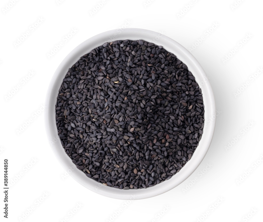 Top view of black sesame seeds in white bowl isolated on white background Top view of black sesame seeds in white bowl isolated on white background