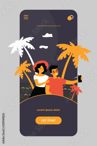 Happy travelling couple taking selfie on mobile phone. Tourists walking on beach and enjoying summer holiday. Vector illustration for honeymoon, vacation, photo concepts