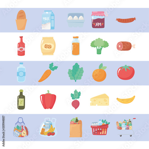 grocery purchases, food organic fruits and vegetable and products from market