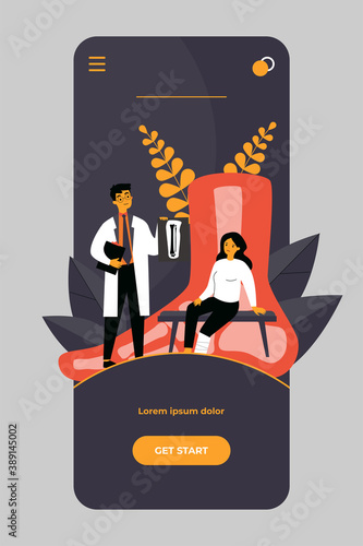 Foot or toe trauma concept. Podiatry doctor giving X ray to patient with plaster on ankle. Vector illustration for podiatrist, physiotherapist, feet disease treatment, surgery topics