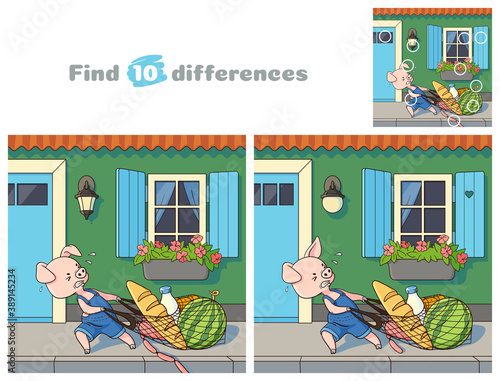 Little pig carries a heavy shopping bag.  Find 10 differences. Educational game for children. Cartoon vector illustration.