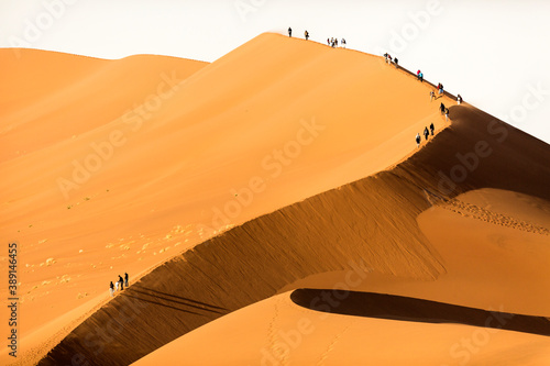 Fototapeta Naklejka Na Ścianę i Meble -  Tourists climbing a large red sand dune in Sossusvlei, Namibia.