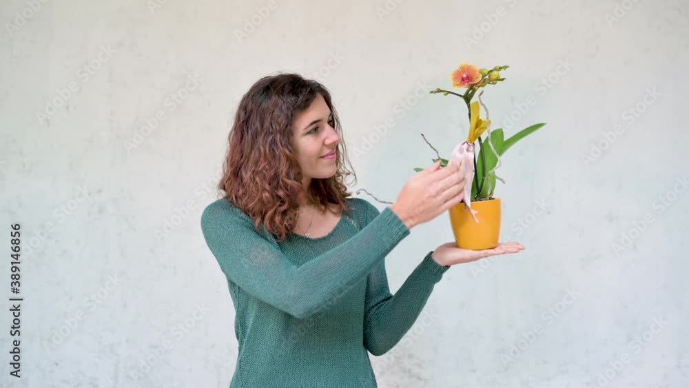 Portrait caucasian young woman holding a yellow orchid plant, touching and looking it smiling, proud of good growth. Gardening, cultivation, hobby love for flowers concept. Portrait caucasian young woman holding a yellow orchid plant, touching and looking it smiling, proud of good growth. Gardening, cultivation, hobby love for flowers concept.