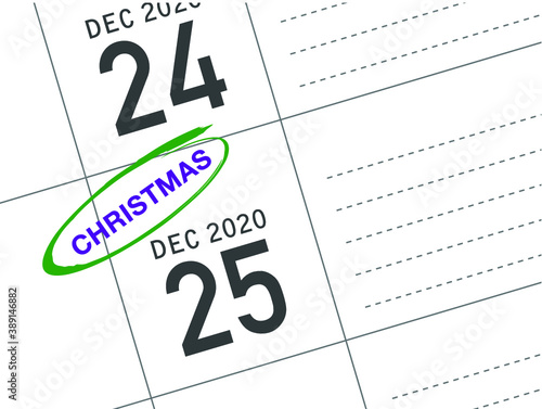 Close up of Christmas day 2021 on diary calendar. Wishing you wonderful memories during this joyous season.