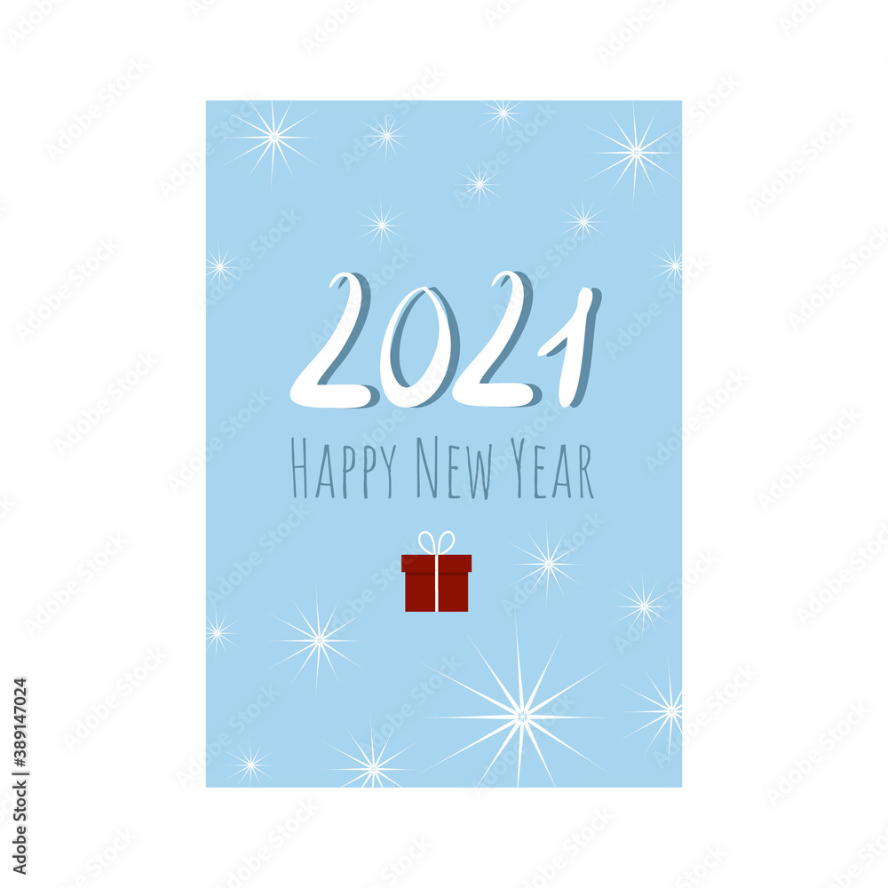 Naklejka premium New year's blue card with the inscription 2021 and happy new year. Vector banner with Christmas greetings. Print postcards in large quantities, lettering by hand. Gift and snowflakes.