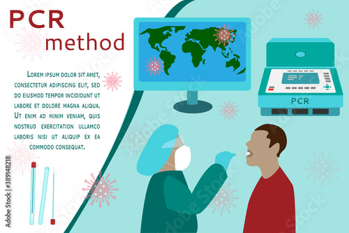 Test method for Cavid-19 coronavirus using PCR machine or polymerase chain reaction performed by healthcare professionals, doctors or nurses. flat vector illustration. Place for text