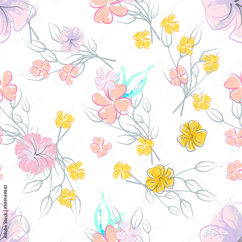 Pink Flowers Blooming Pattern. Pastel Watercolor.