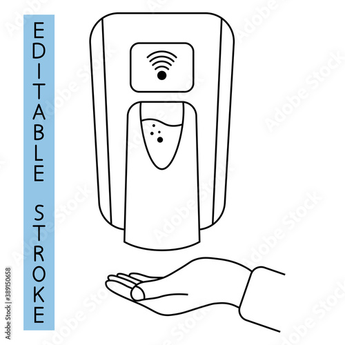 Hand free sanitizer. Wall mounted soap automatic dispenser. Automated contactless restroom equipment with sensors. Touch less sanitizer. Soap dispenser. Editable stroke. Vector