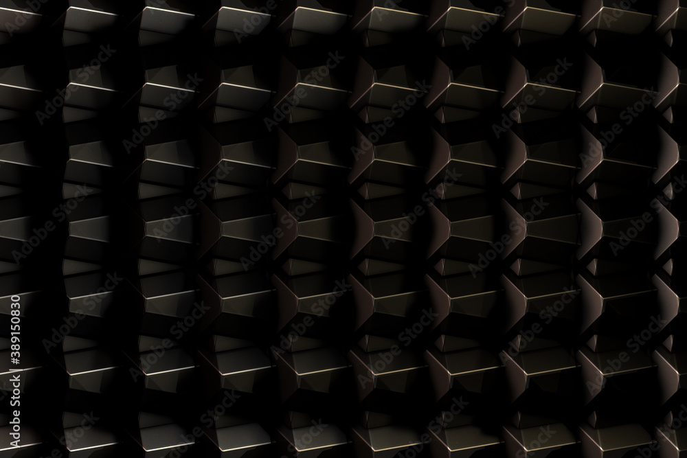 Obraz premium 3D Background abstract minimalistic texture with many metal rows of volumetric cubes / pentahedrons lying in the white light. Animation. Mobile briquette wall