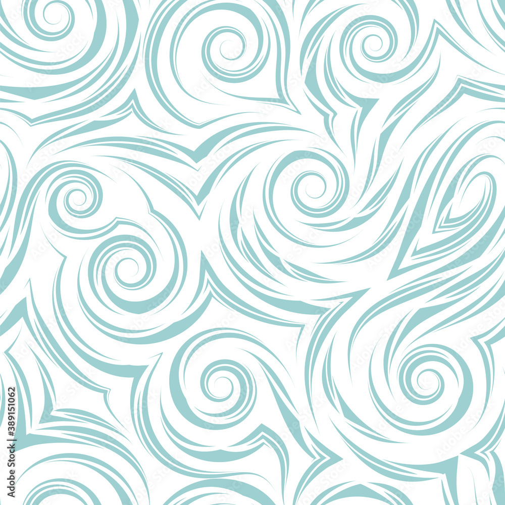 Seamless pattern of blue spirals of corners and smooth patterned lines isolated on a white background. Background for the decoration of fabrics and wrapping paper.