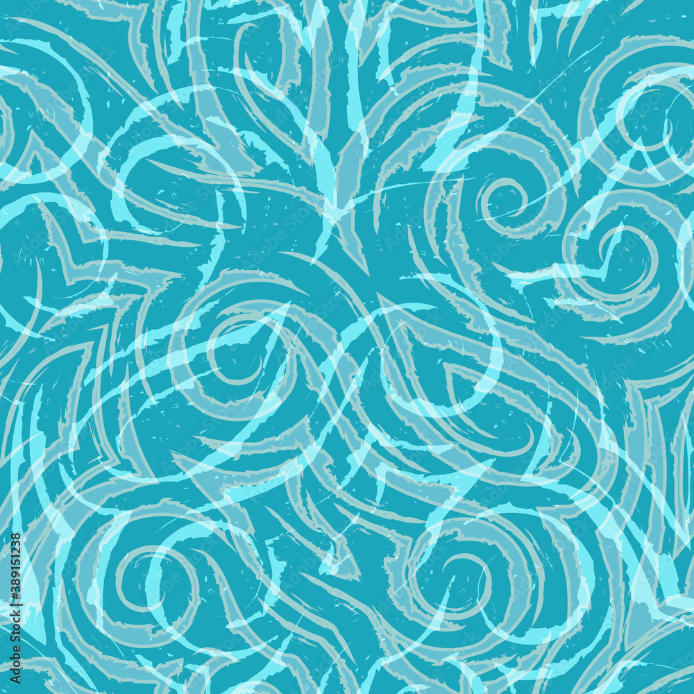 Fototapeta premium Vector seamless linear pattern on a turquoise background for decor. Texture for fabrics curtains or wrapping paper. Spiral waves bends and loops.