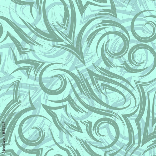 Vector green seamless pattern of waves or swirl drawn with a brush for decor on a turquoise background.Smooth uneven lines in the form of spirals of corners and loops.