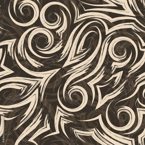 Vector beige seamless pattern of waves or swirl drawn with a brush for decor on a brown background.Smooth uneven lines in the form of spirals of corners and loops.